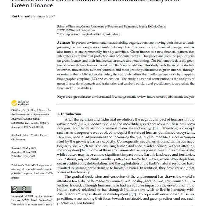 Finance for the Environment: A Scientometrics Analysis of Green Finance