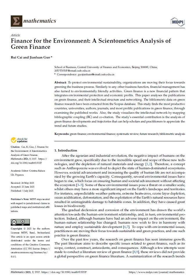 Finance for the Environment: A Scientometrics Analysis of Green Finance